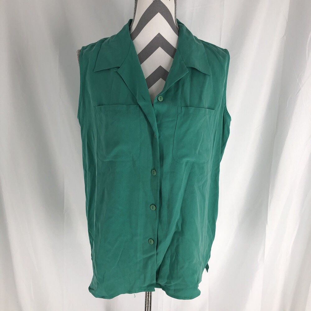 Anna and Frank Women’s Large Green Silk Sleeveless Button Blouse Classic